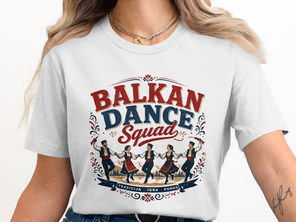White t-shirt with "BALKAN DANCE Squad" text and folk dancers in traditional attire.
