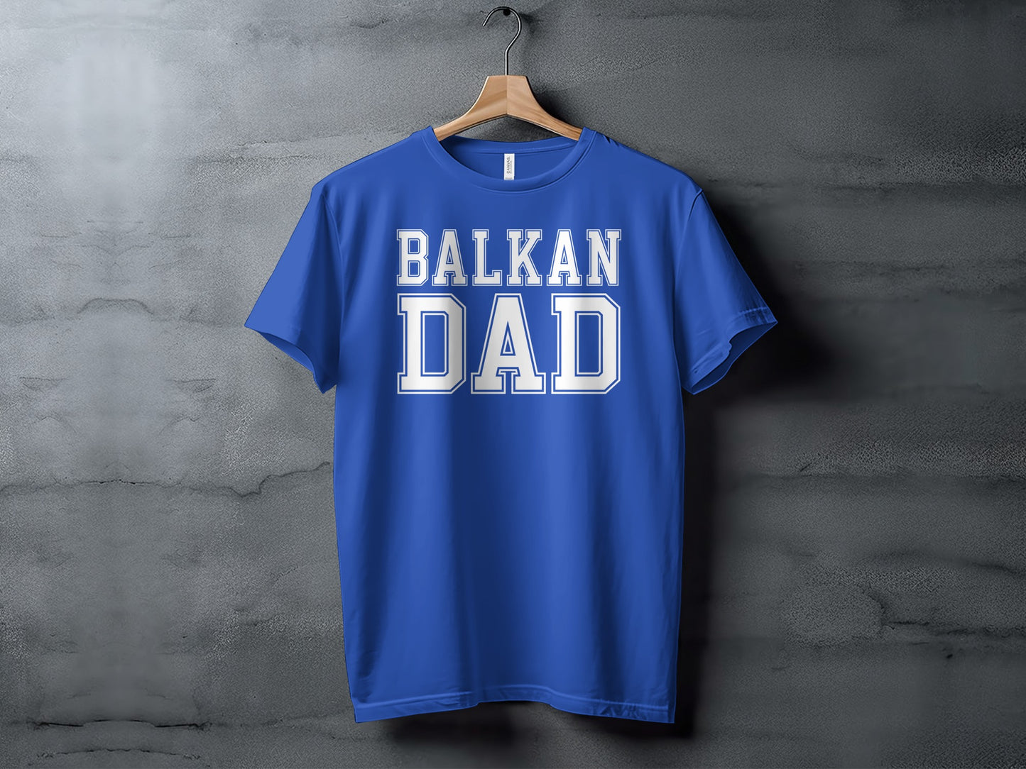 Royal blue t-shirt with "BALKAN DAD" text in white letters.
