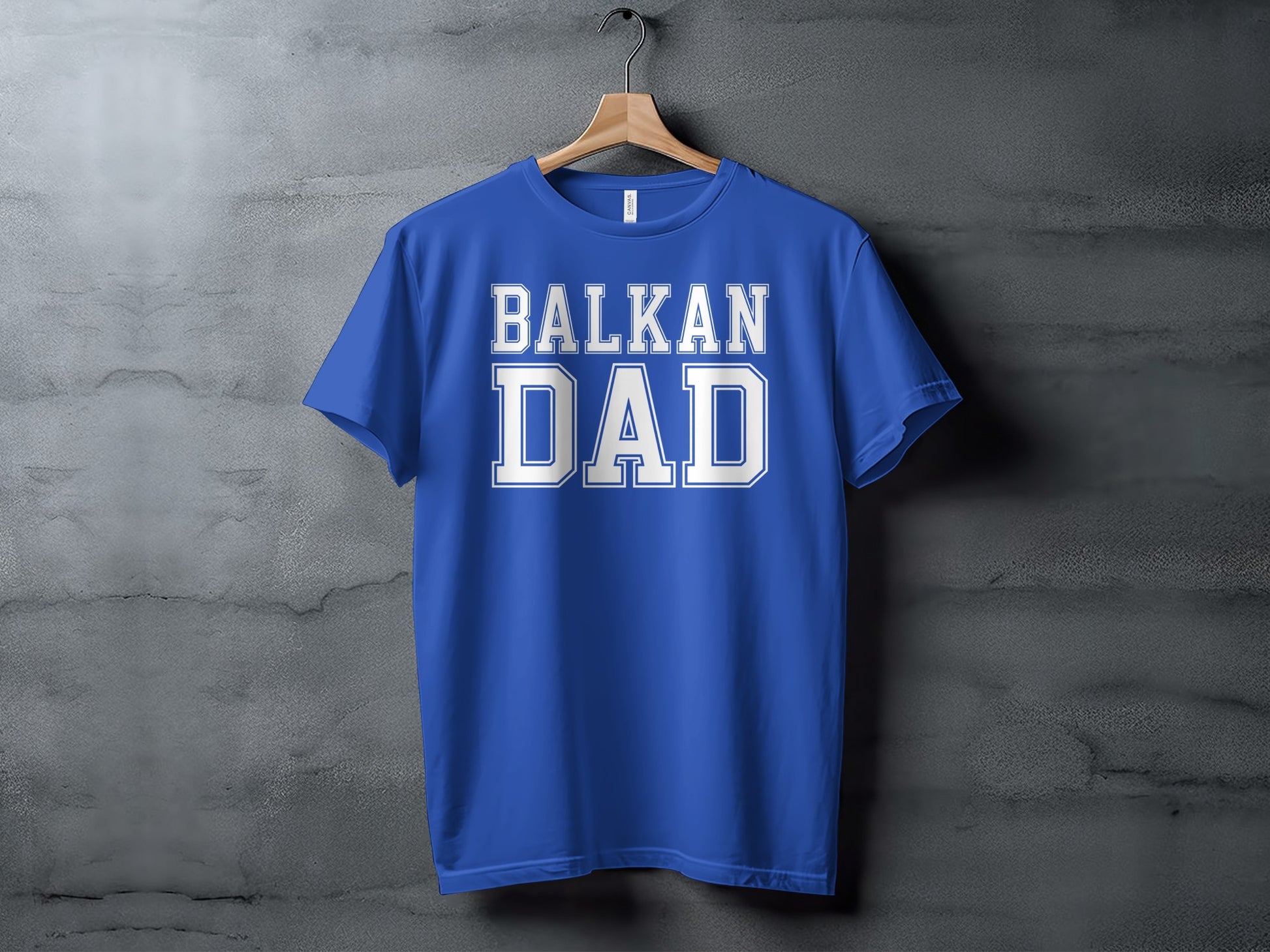 Royal blue t-shirt with "BALKAN DAD" text in white letters.