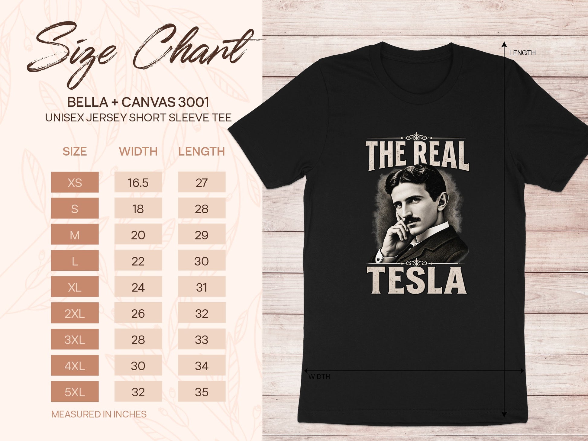 Black t-shirt with "The Real Tesla" graphic and size chart with measurements.