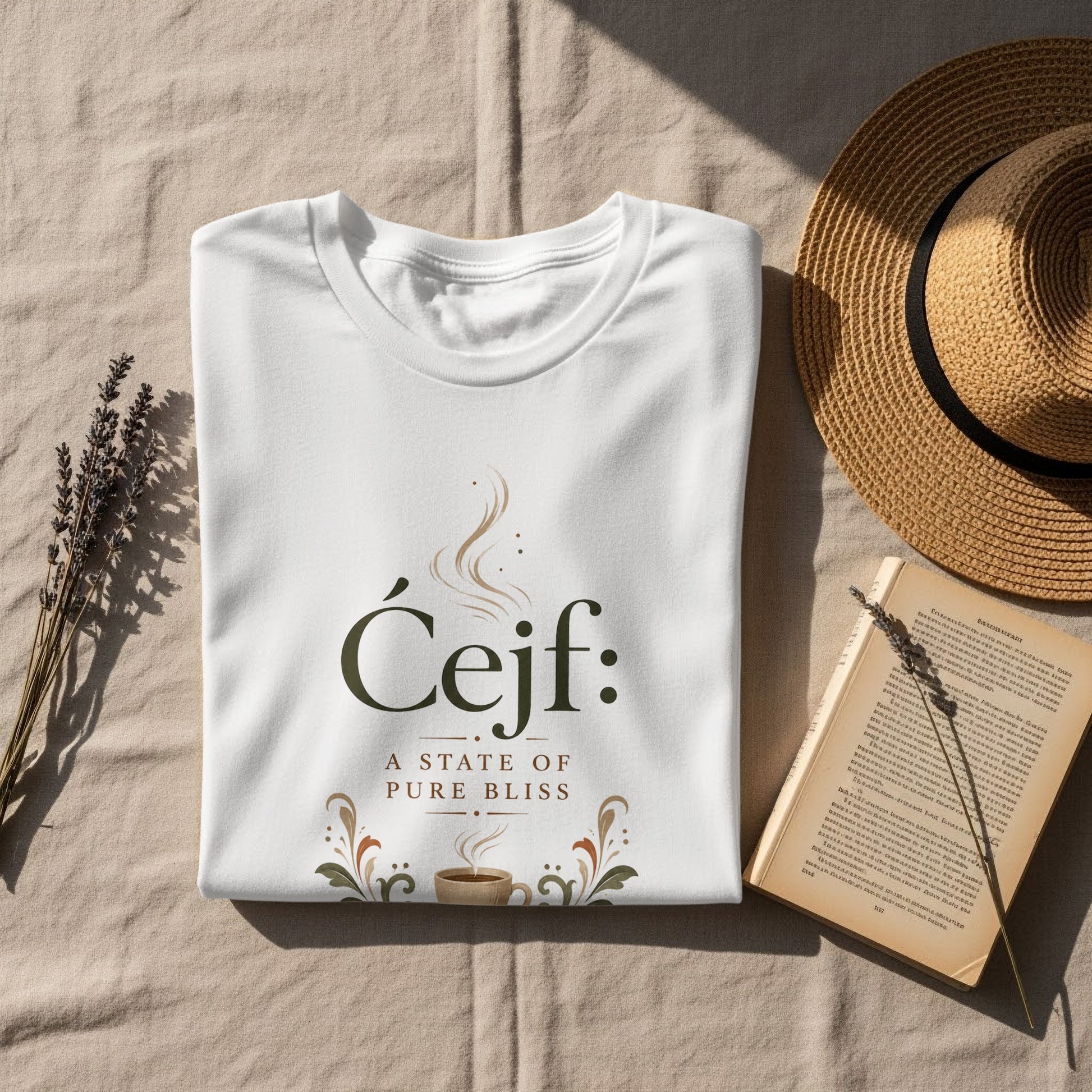 White t-shirt with "Ćejf: A state of pure bliss" text and coffee cup design.