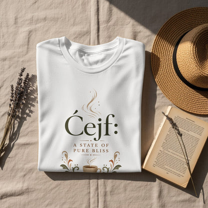 White t-shirt with "Ćejf: A state of pure bliss" text and coffee cup design.