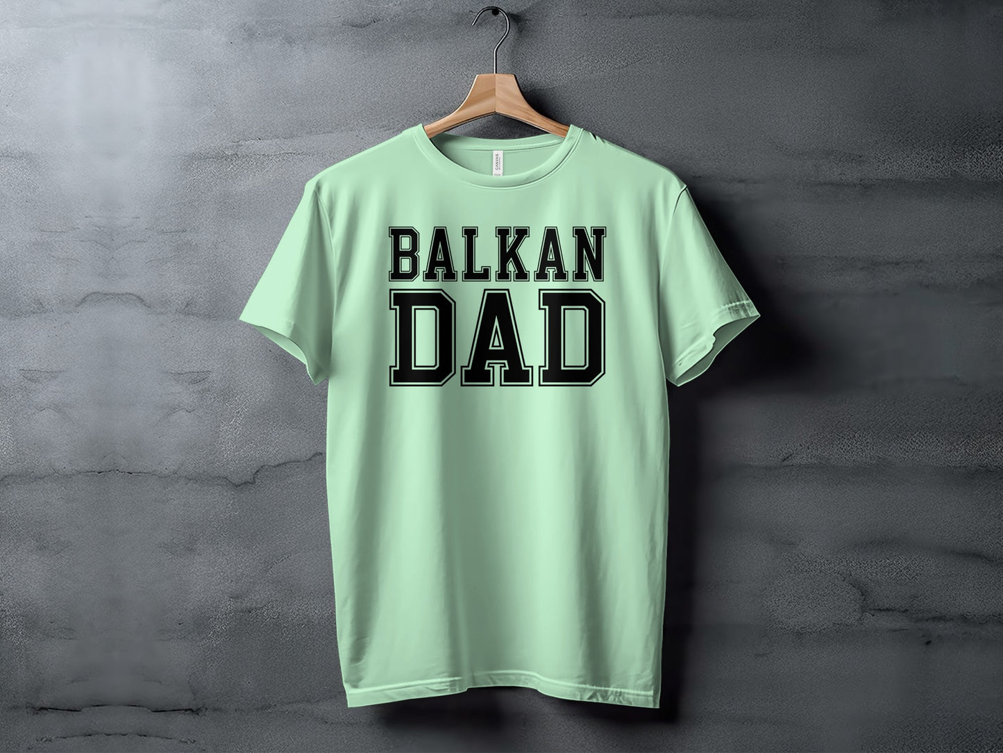 Mint green t-shirt with "BALKAN DAD" in bold black lettering.