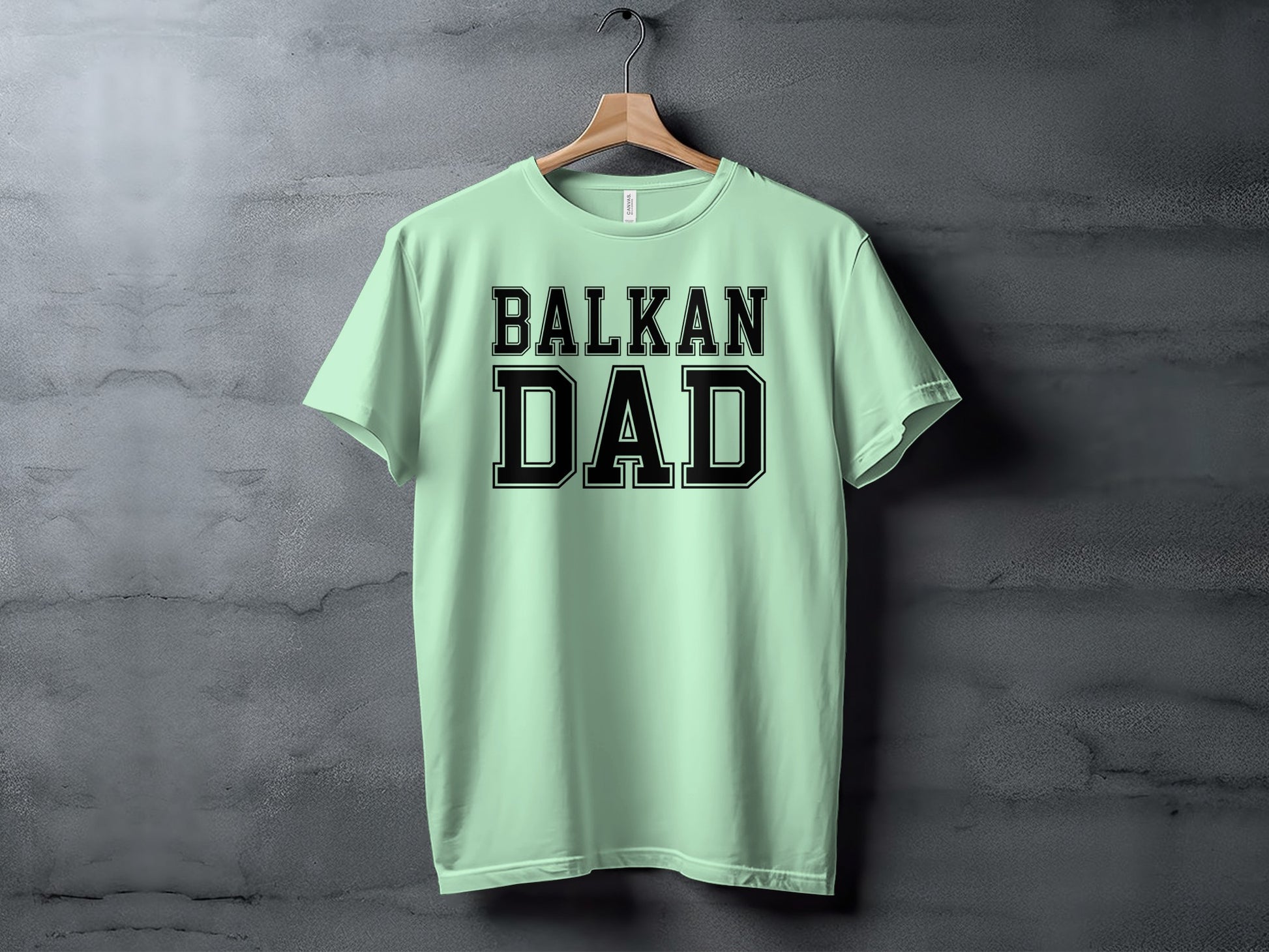 Mint green t-shirt with "BALKAN DAD" in bold black lettering.