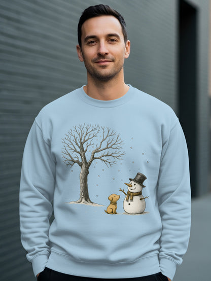 Snowman Dog Tree Winter Scene on a Cozy Sweatshirt