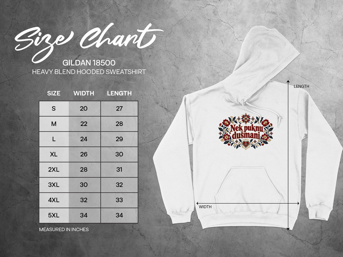 Size chart for a Gildan 18500 heavy blend hooded sweatshirt with measurements displayed alongside a white hoodie.