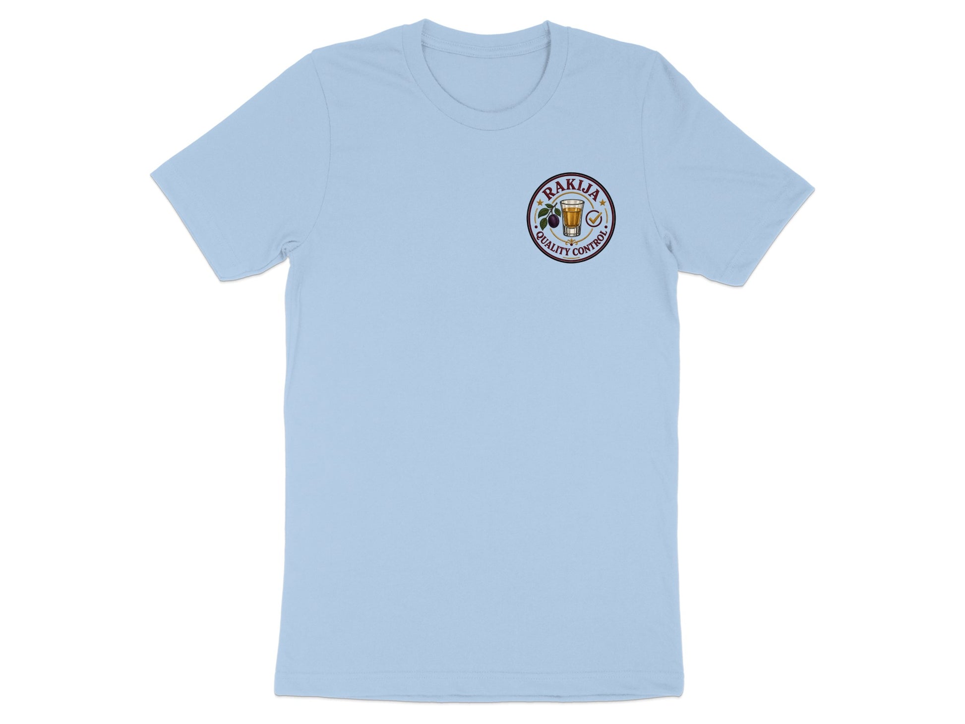 Light blue t-shirt with circular "Rakija Quality Control" logo on chest.