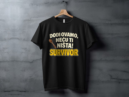 Black t-shirt with "DODJ OVAMO, NECU TI NIST A! SURVIVOR" text and a spoon graphic.
