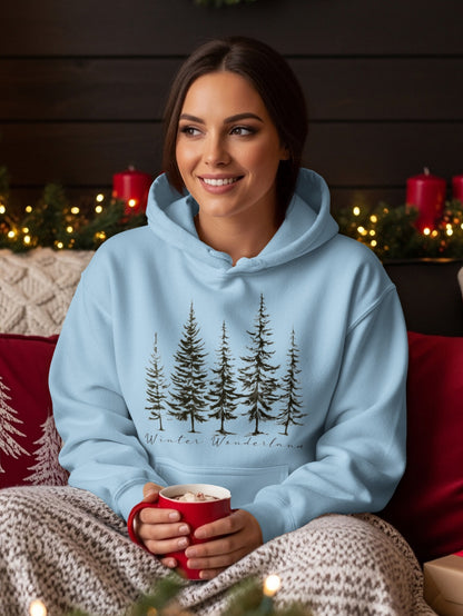 Winter Wonderland Hoodie with Evergreen Trees Design