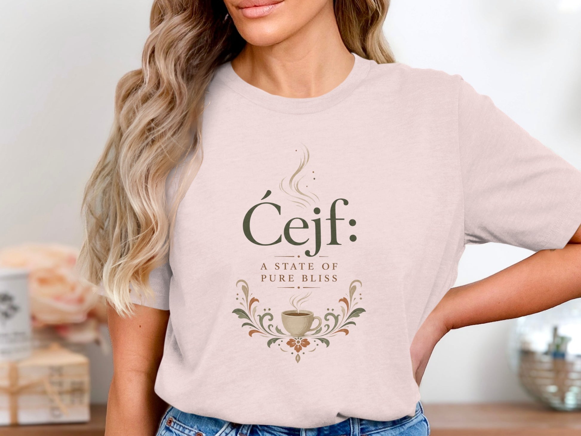 Light pink t-shirt with "Ćejf: A State of Pure Bliss" and a coffee cup design.