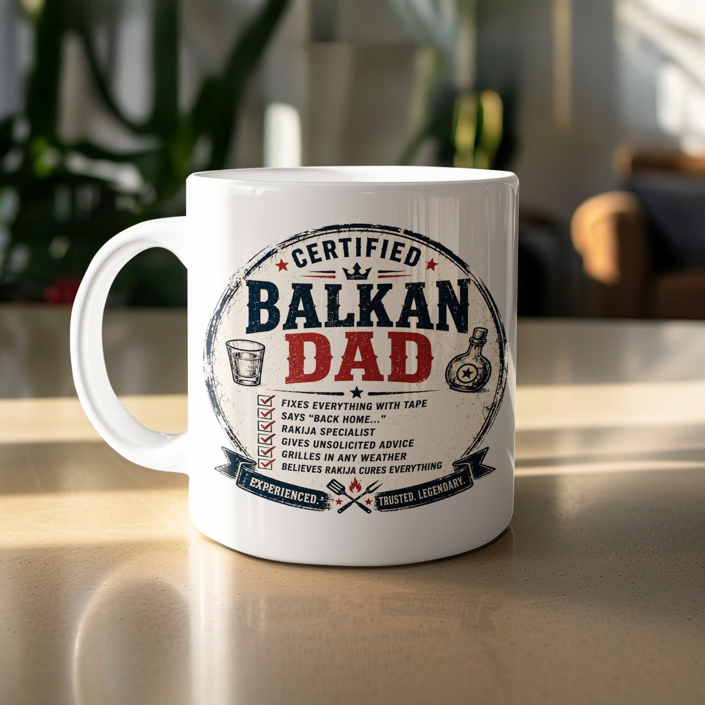 White mug with "Certified Balkan Dad" text and humorous sayings.