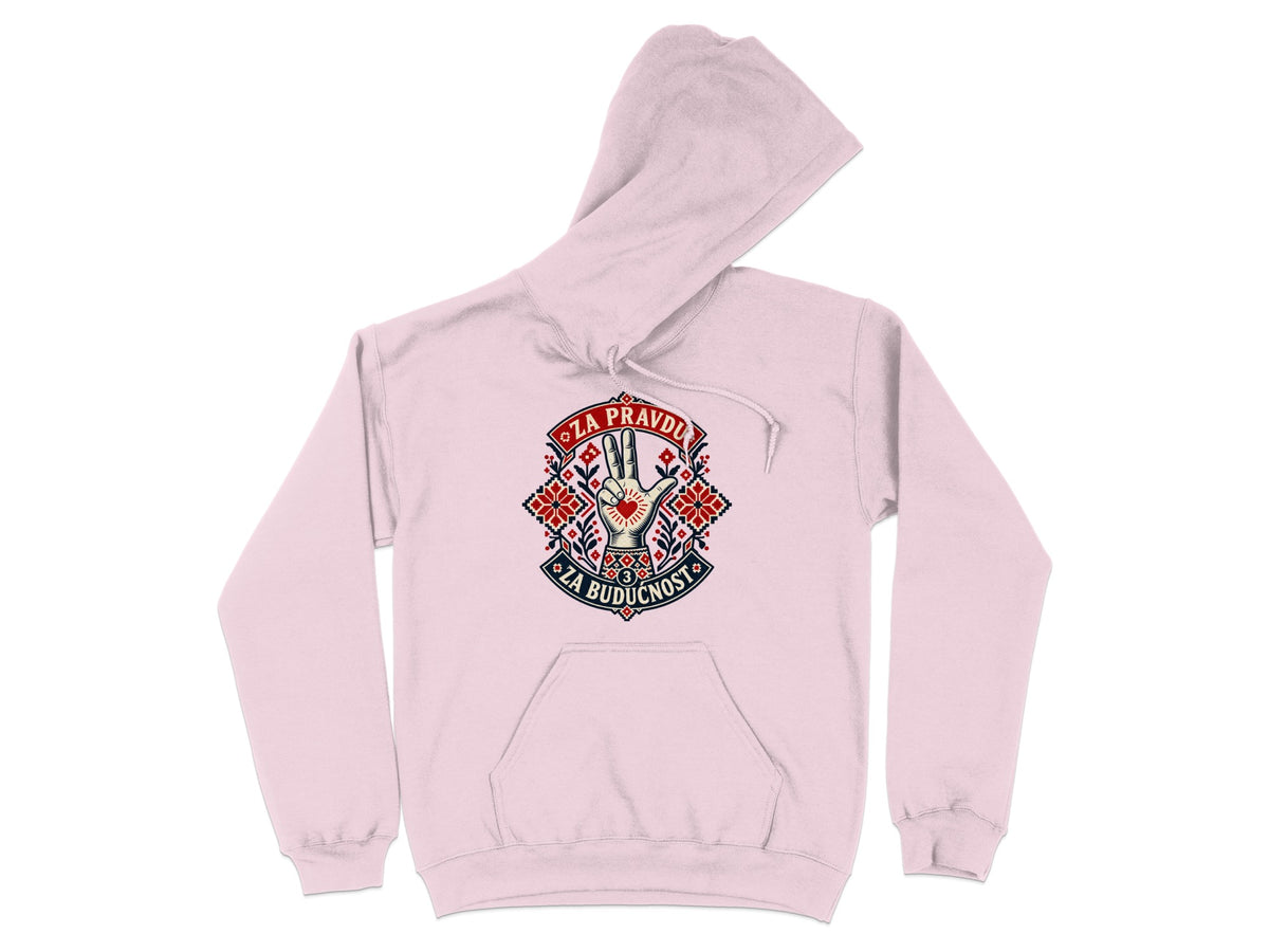 Light pink hooded sweatshirt featuring a front graphic with a three-finger hand gesture and text.