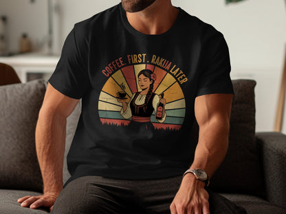Coffee First Rakija Later vintage Balkan t-shirt