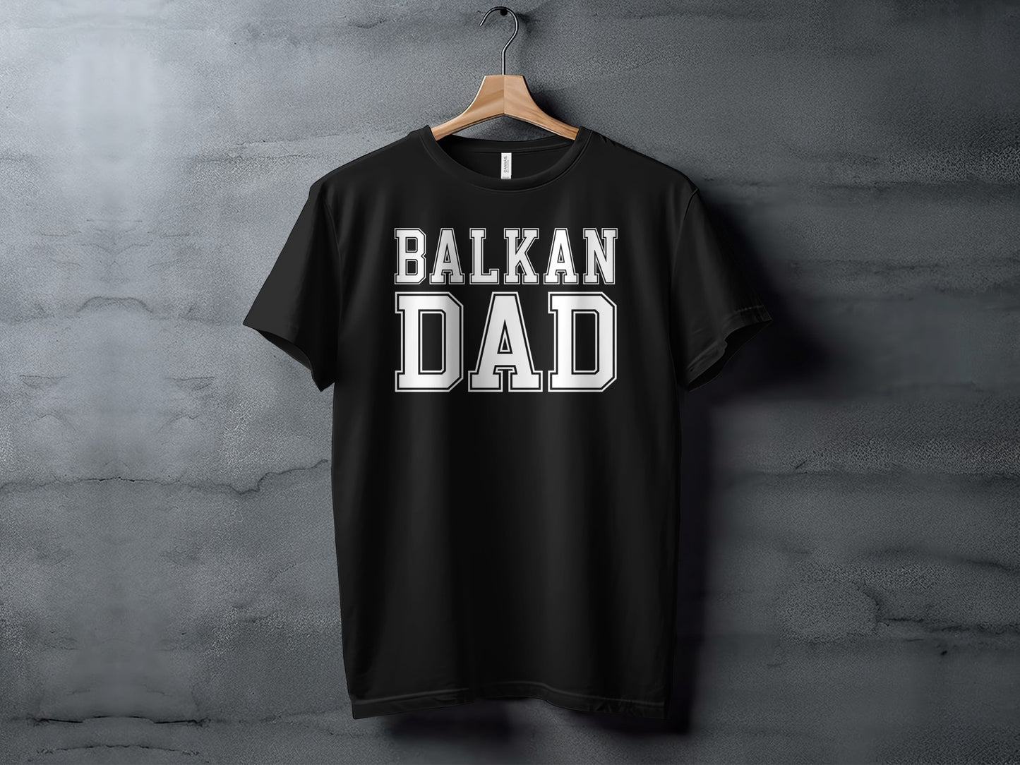 Black t-shirt with "BALKAN DAD" text in white block letters.