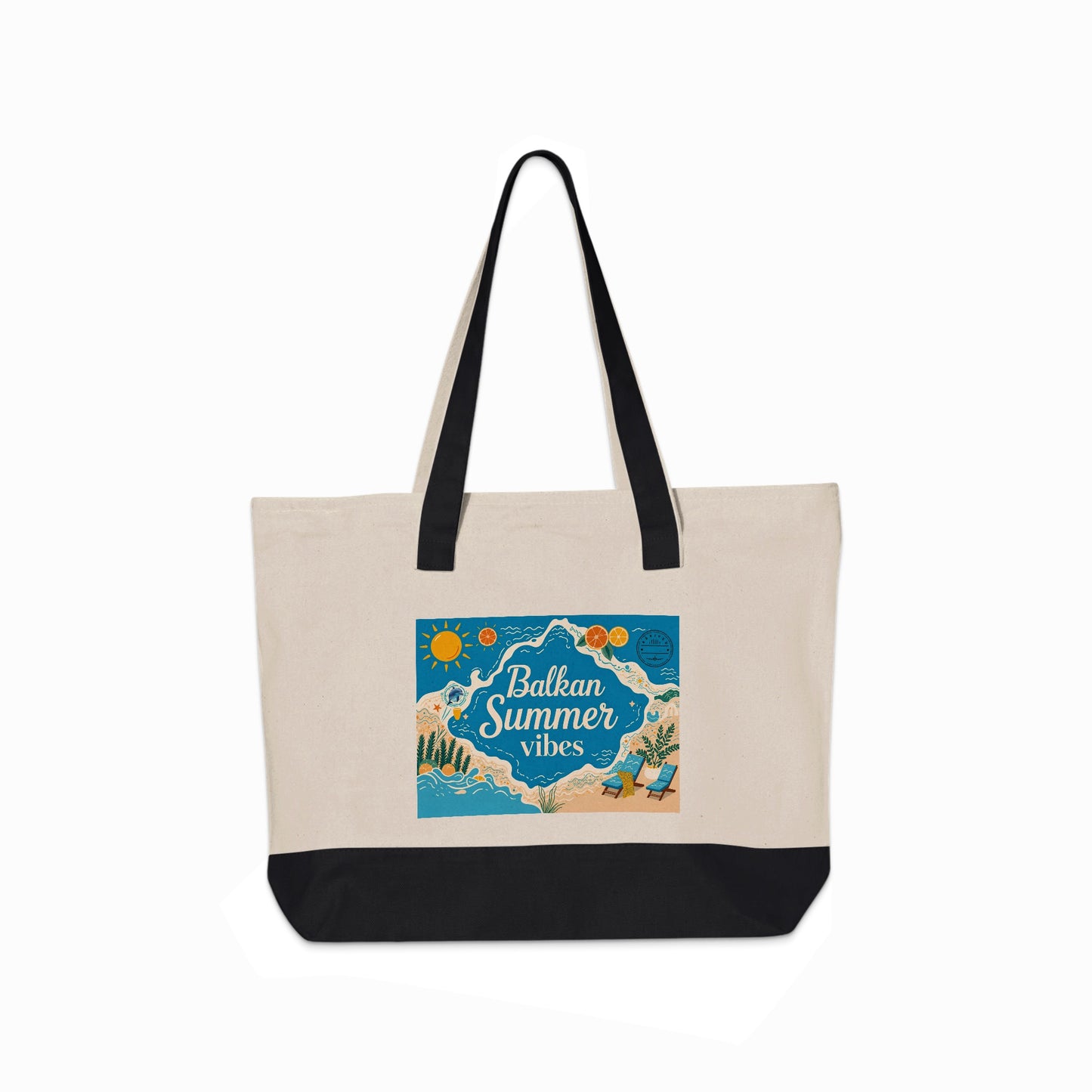 Tote bag with "Balkan Summer Vibes" text and beach scene.