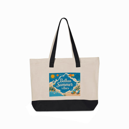 Tote bag with "Balkan Summer Vibes" text and beach scene.