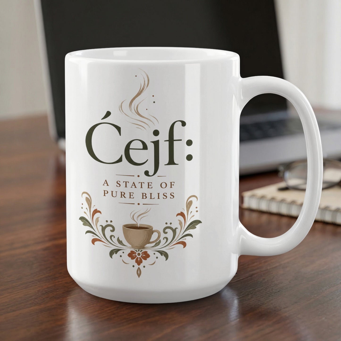 White mug with "Cejf: a state of pure bliss" and coffee cup illustration.
