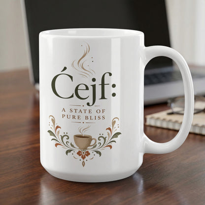 White mug with "Cejf: a state of pure bliss" and coffee cup illustration.