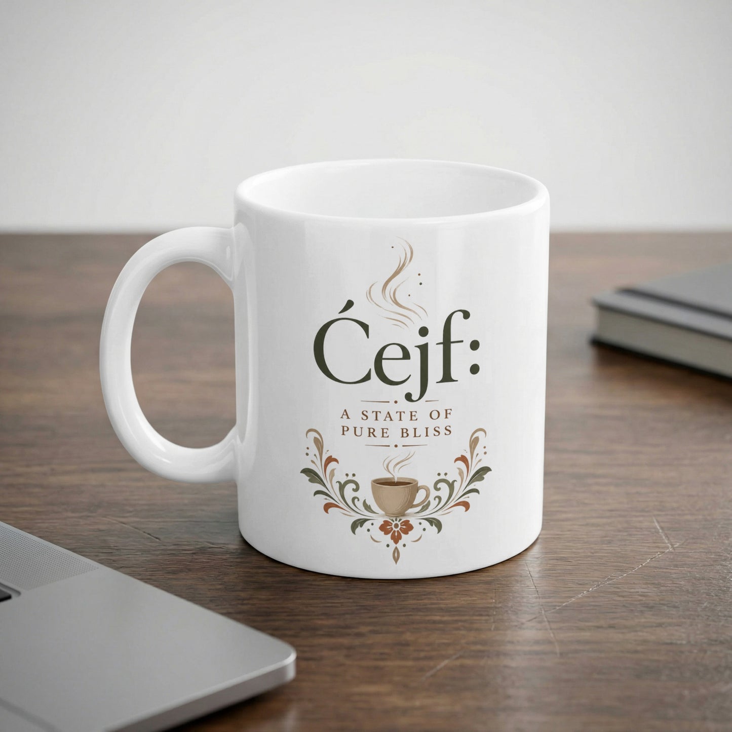 White mug with "Čejf: A state of pure bliss" and coffee cup design.