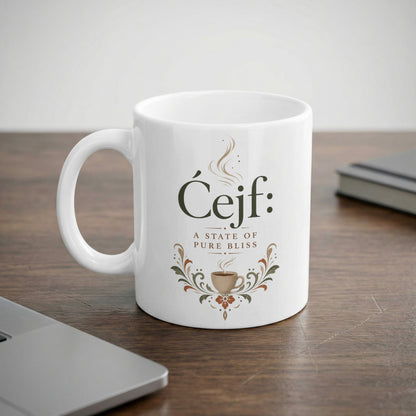 White mug with "Čejf: A state of pure bliss" and coffee cup design.