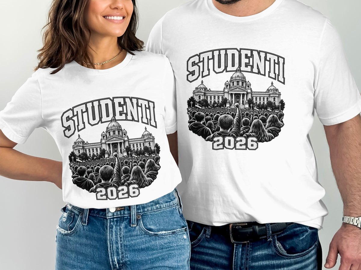 Two people wearing white t-shirts with black printed graphics featuring a building, a crowd, and the text Student 2026.