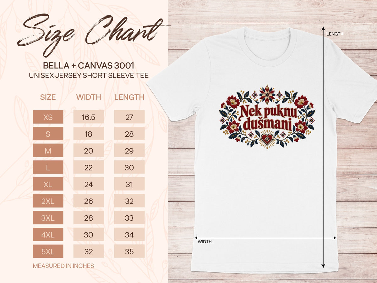 Bella Canvas 3001 unisex t-shirt featuring a folk-style floral design and a size chart.