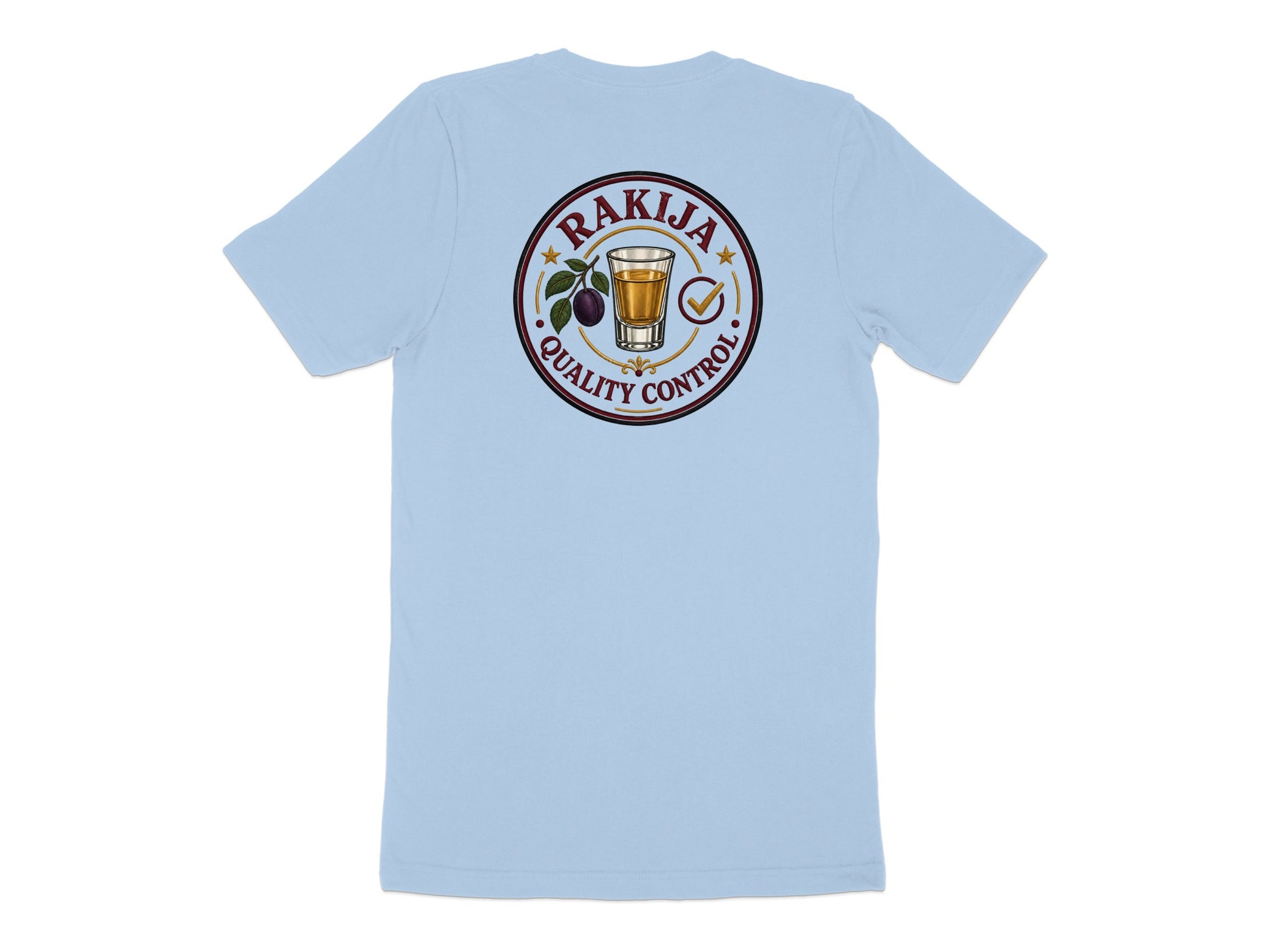 Light blue t-shirt with a circular logo featuring "RAKIJA QUALITY CONTROL".