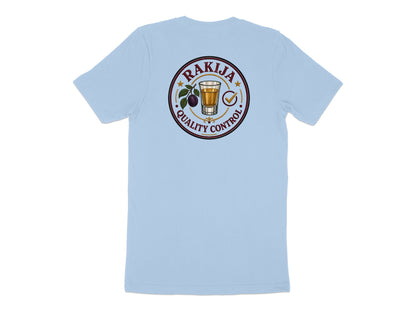 Light blue t-shirt with a circular logo featuring "RAKIJA QUALITY CONTROL".