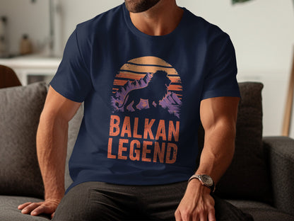 Navy t-shirt with lion silhouette and "Balkan Legend" text.