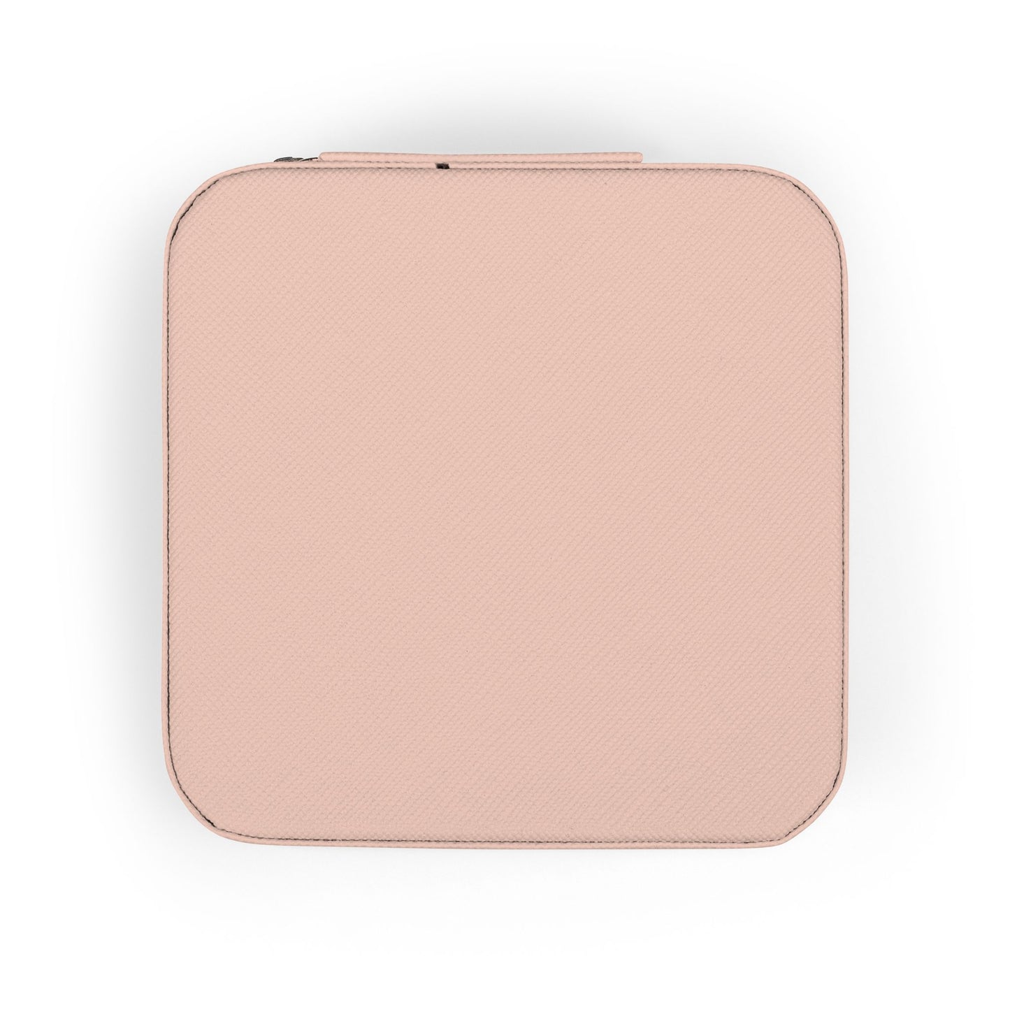 Closed peach textured square case with zipper detail on white background.