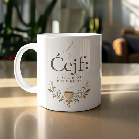White mug with "Ćejf: A state of pure bliss" and coffee cup graphic.