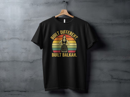 Black t-shirt with "Built Different. Built Balkan." and woman graphic.