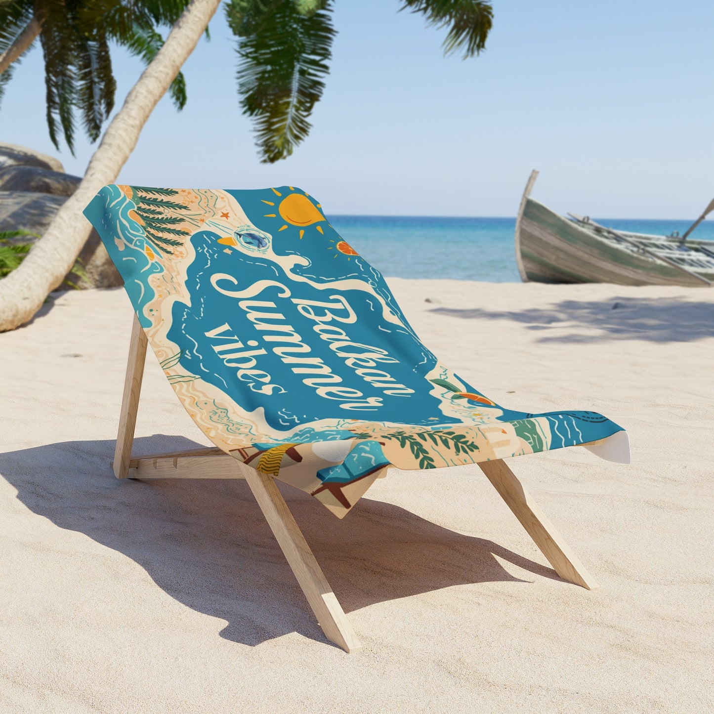 Beach towel with "Balkan Summer Vibes" text on a lounge chair.