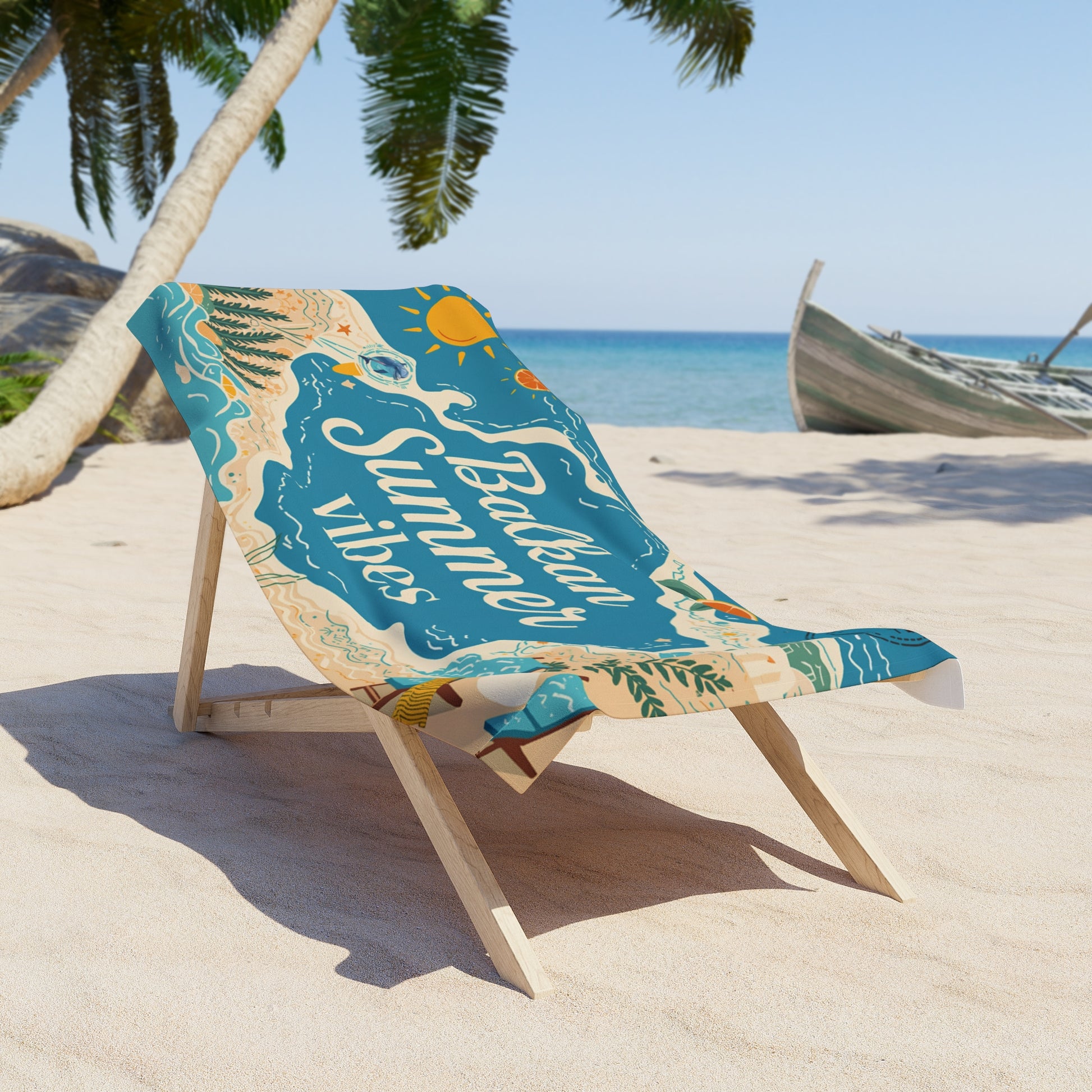 Beach towel with "Balkan Summer Vibes" text on a lounge chair.