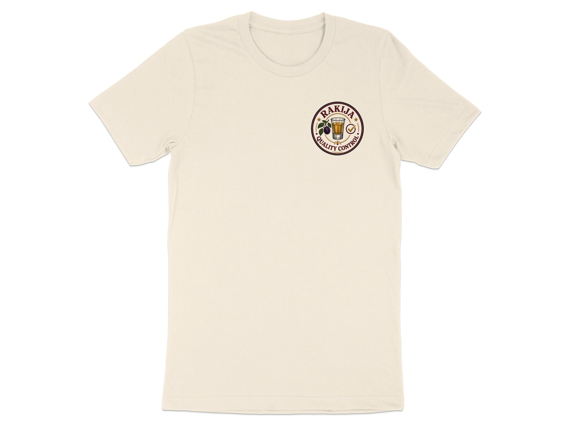 Cream t-shirt with circular "Rakija Quality Control" logo.