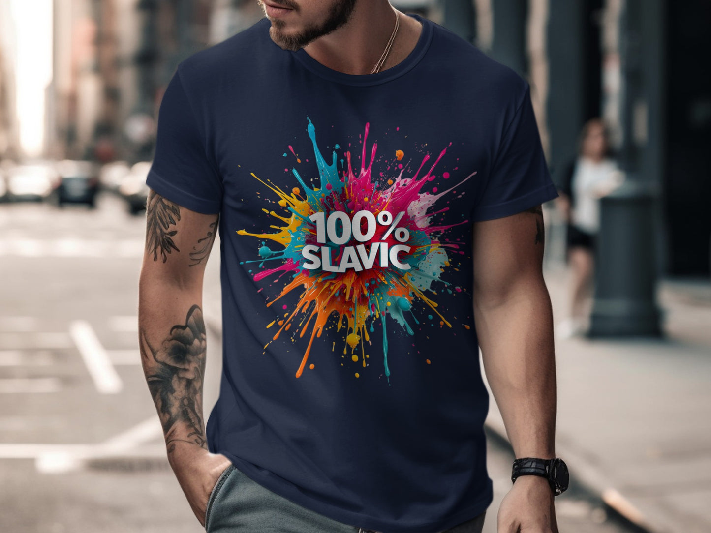 100% SLAVIC Colorful Paint Splatter Dark Blue T-shirt product type
