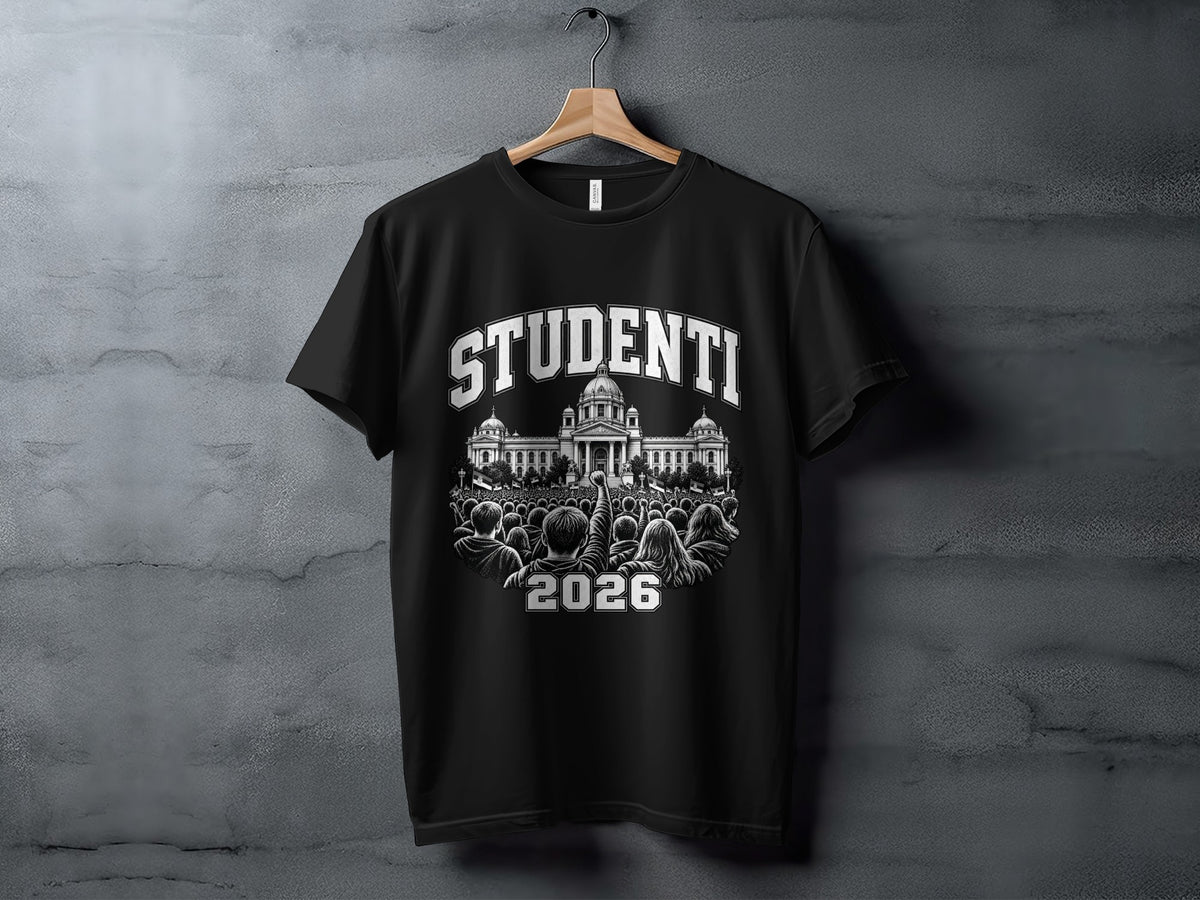 A black crewneck t-shirt hanging on a wooden hanger features white text and illustration.