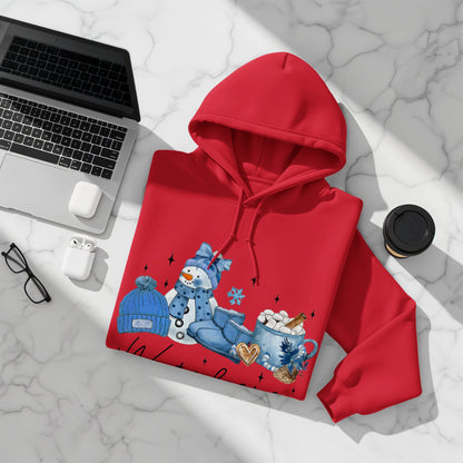 Cozy Winter Snowman Hooded Sweatshirt with Blue Details