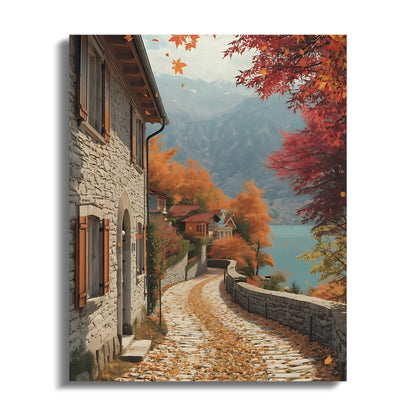 Autumn Scenic Pathway through Village Canvas product
