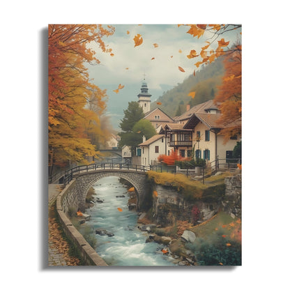 Autumn Village Scene by Stream Wall Art product