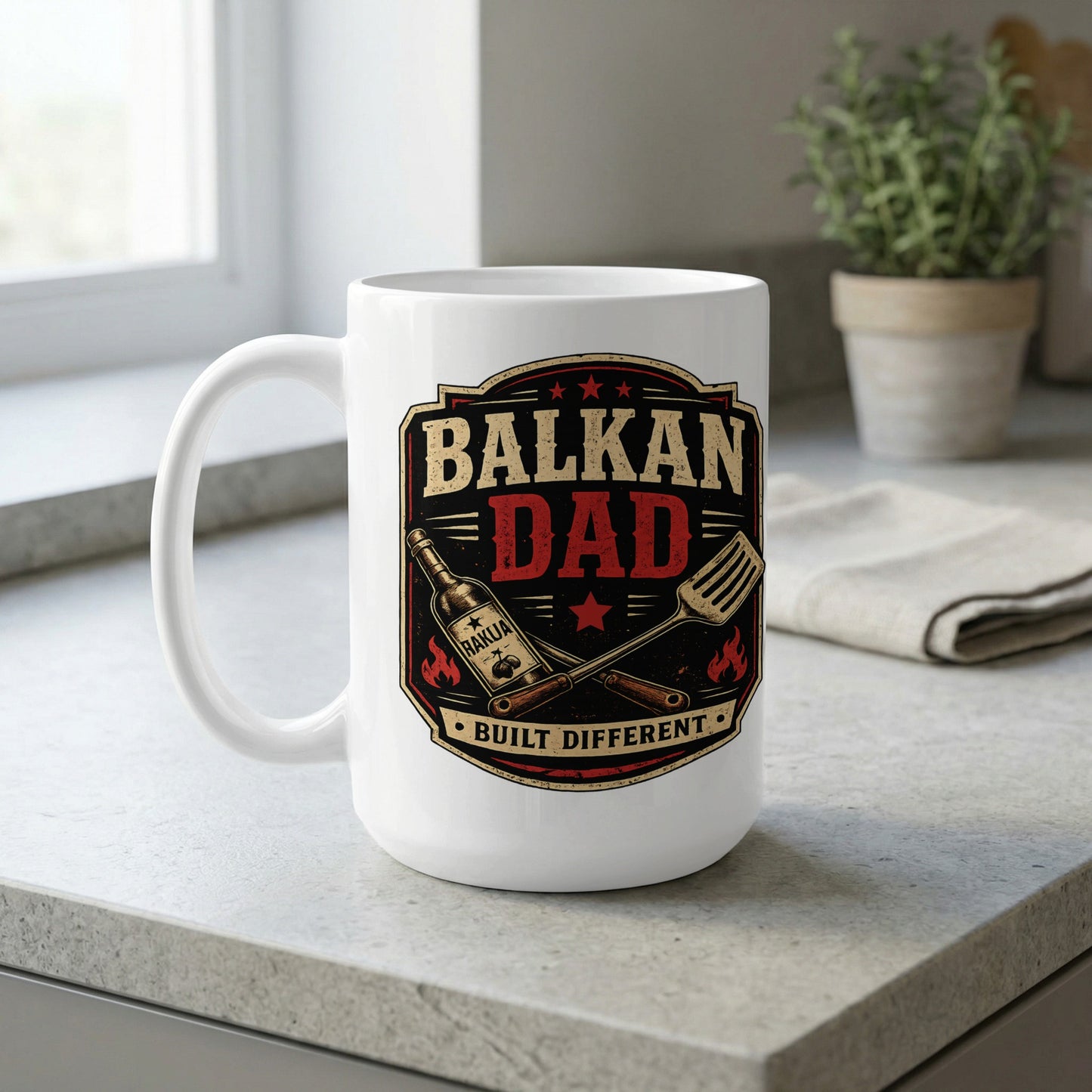 Balkan Dad Built Different mug with rakia bottle and spatula graphic.
