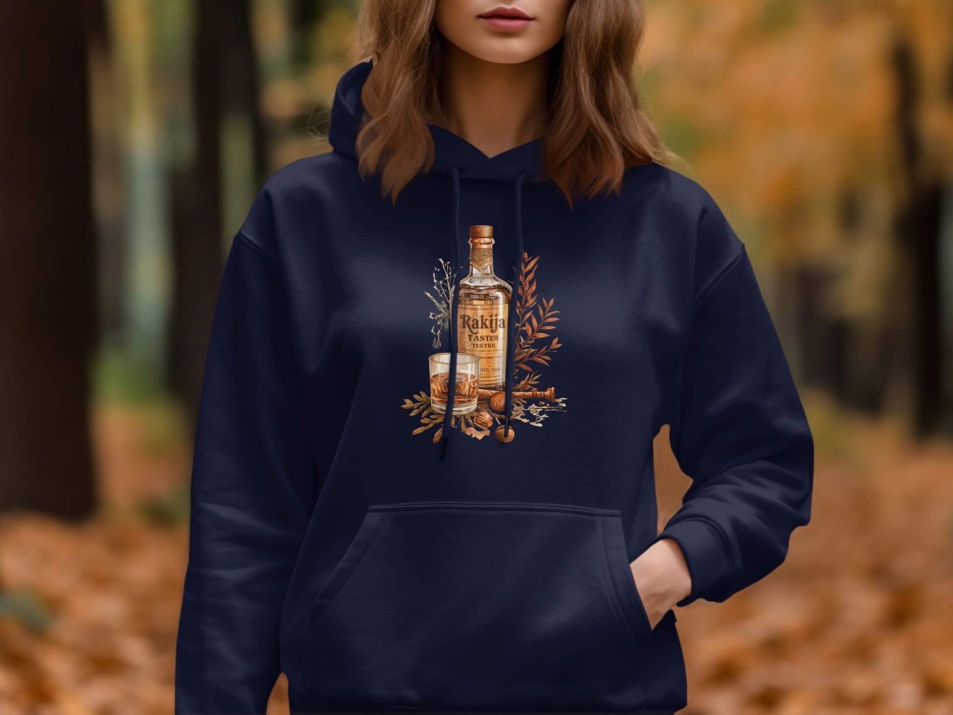 Cozy Autumn-Themed Hoodie with Whiskey Bottle Print Product Type