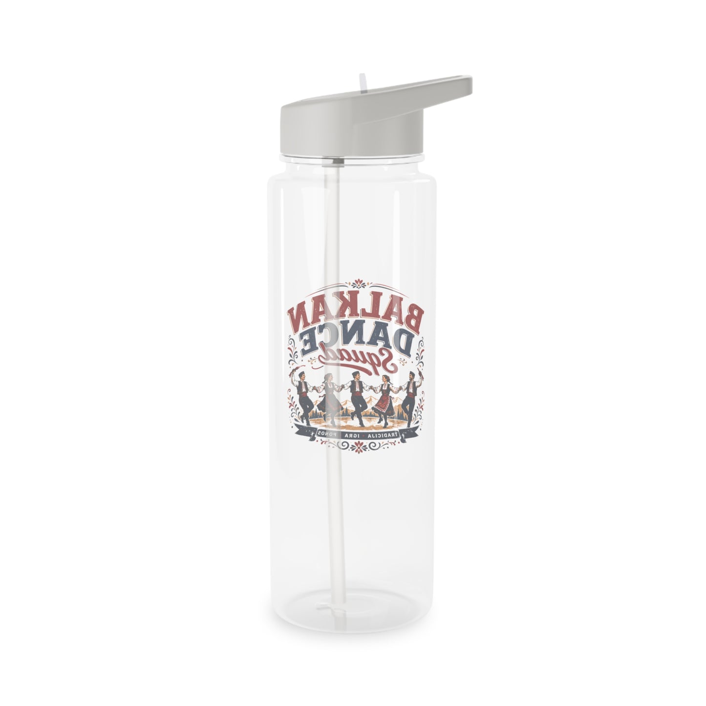 Clear water bottle with grey straw lid and a graphic of dancers.