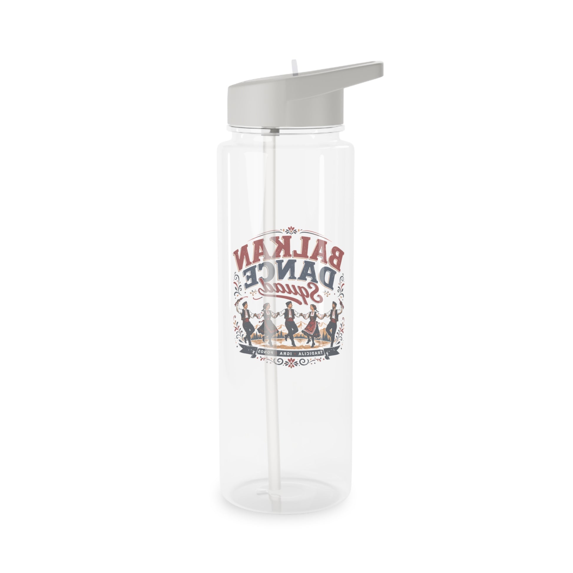 Clear water bottle with grey straw lid and a graphic of dancers.