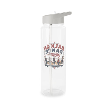 Clear water bottle with grey straw lid and a graphic of dancers.