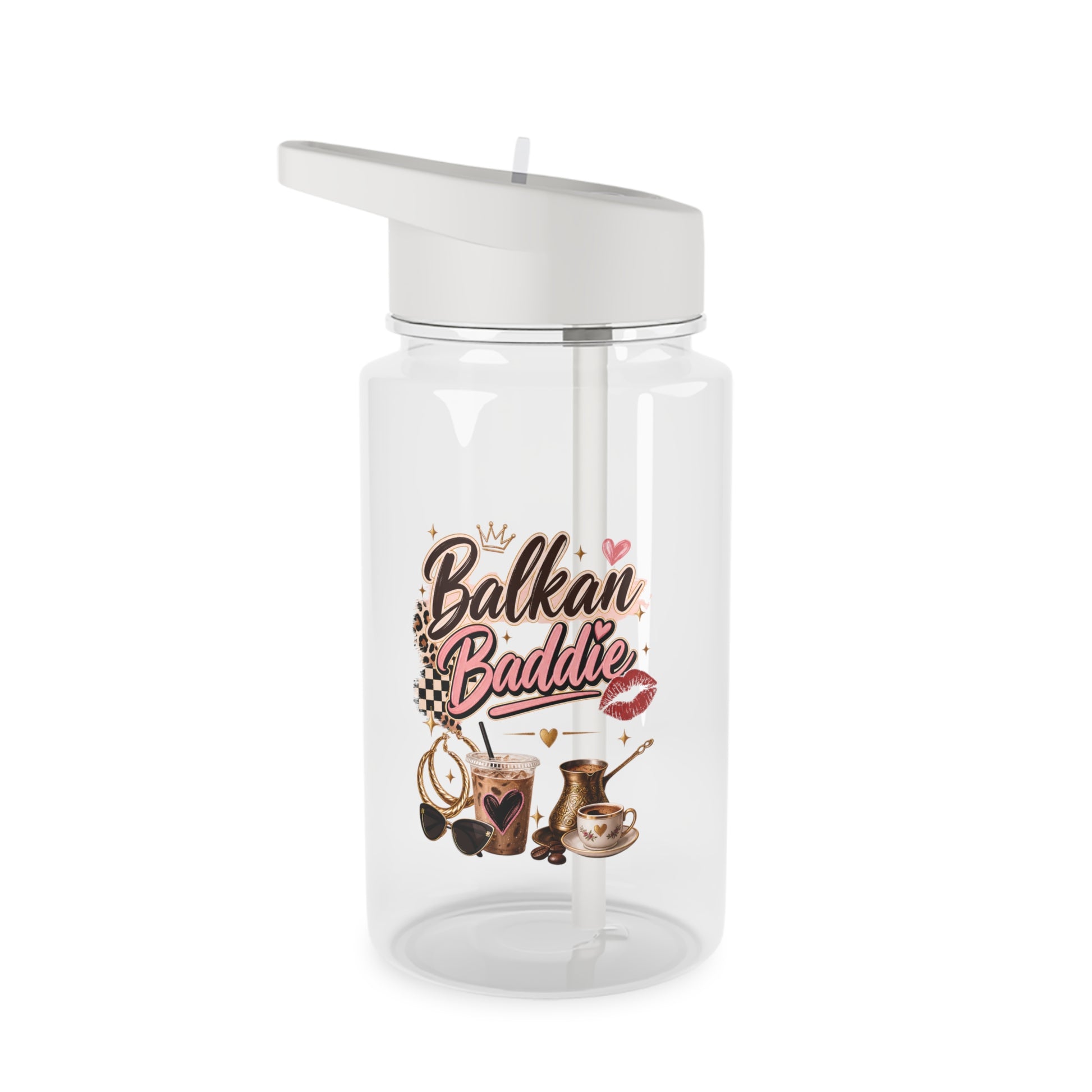 Clear water bottle with "Balkan Baddie" text and coffee and jewelry graphics.