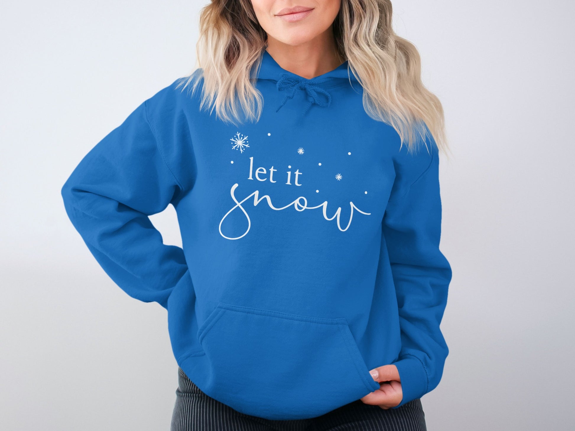 Cozy blue hoodie with stylish Let It Snow design