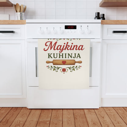 Kitchen towel reads "Majkina KUHINJA" with a rolling pin and floral design.