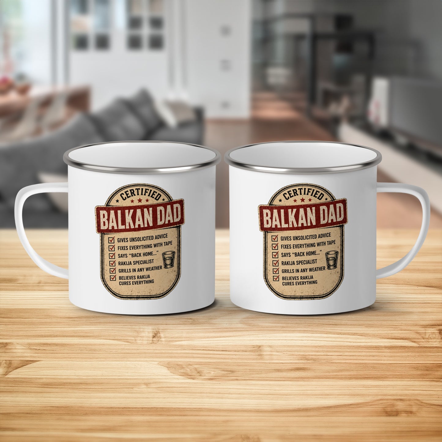 Two white enamel mugs with "Certified Balkan Dad" text and list of dad sayings.