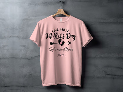 Pink t-shirt with "Our First Mother's Day" and "Mama and Baby" design.